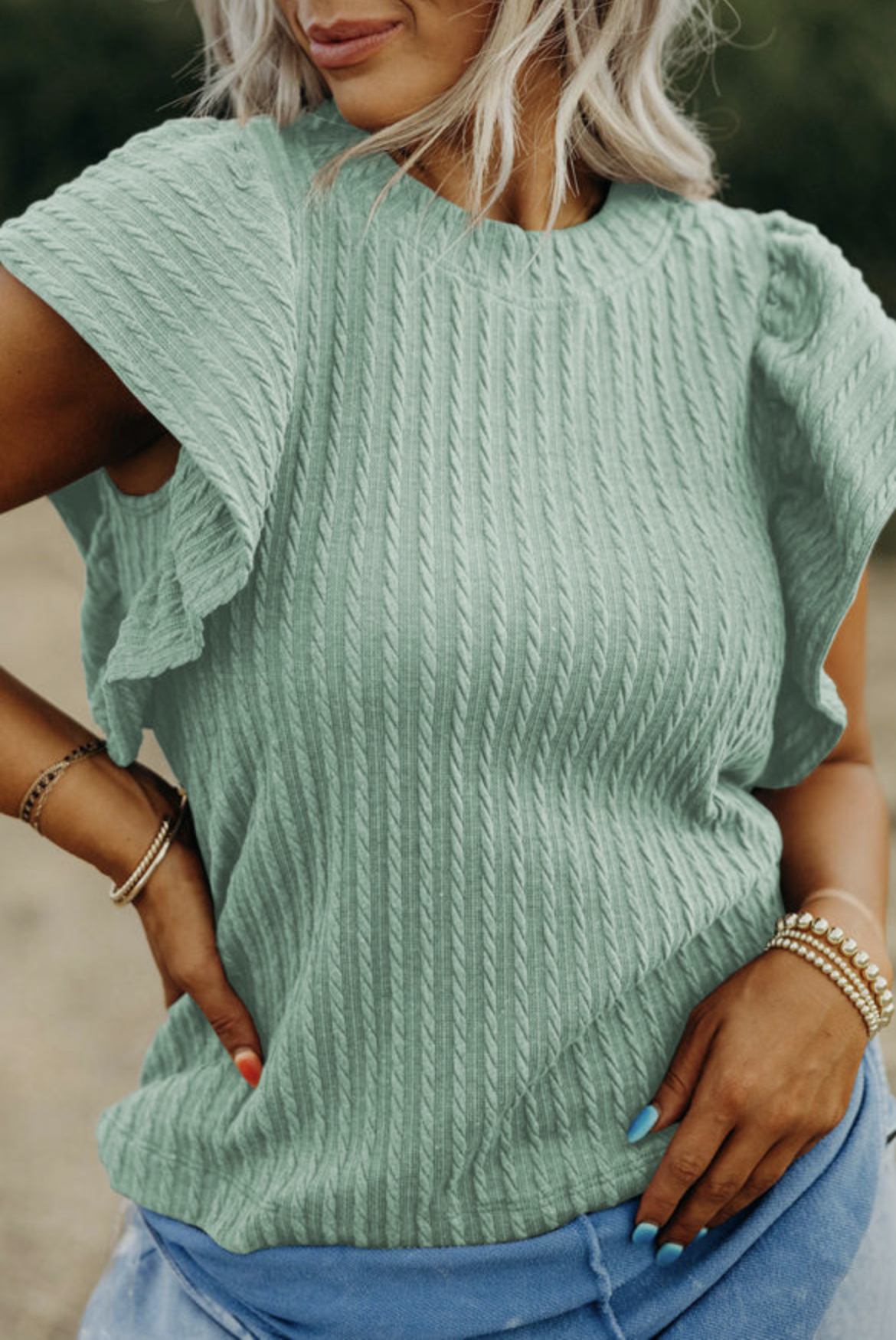 Moonlight Jade Top with Flutter Sleeve