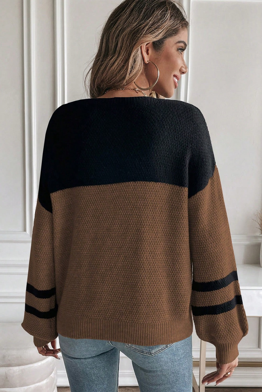 Chestnut Color Block Knit Long Sleeve