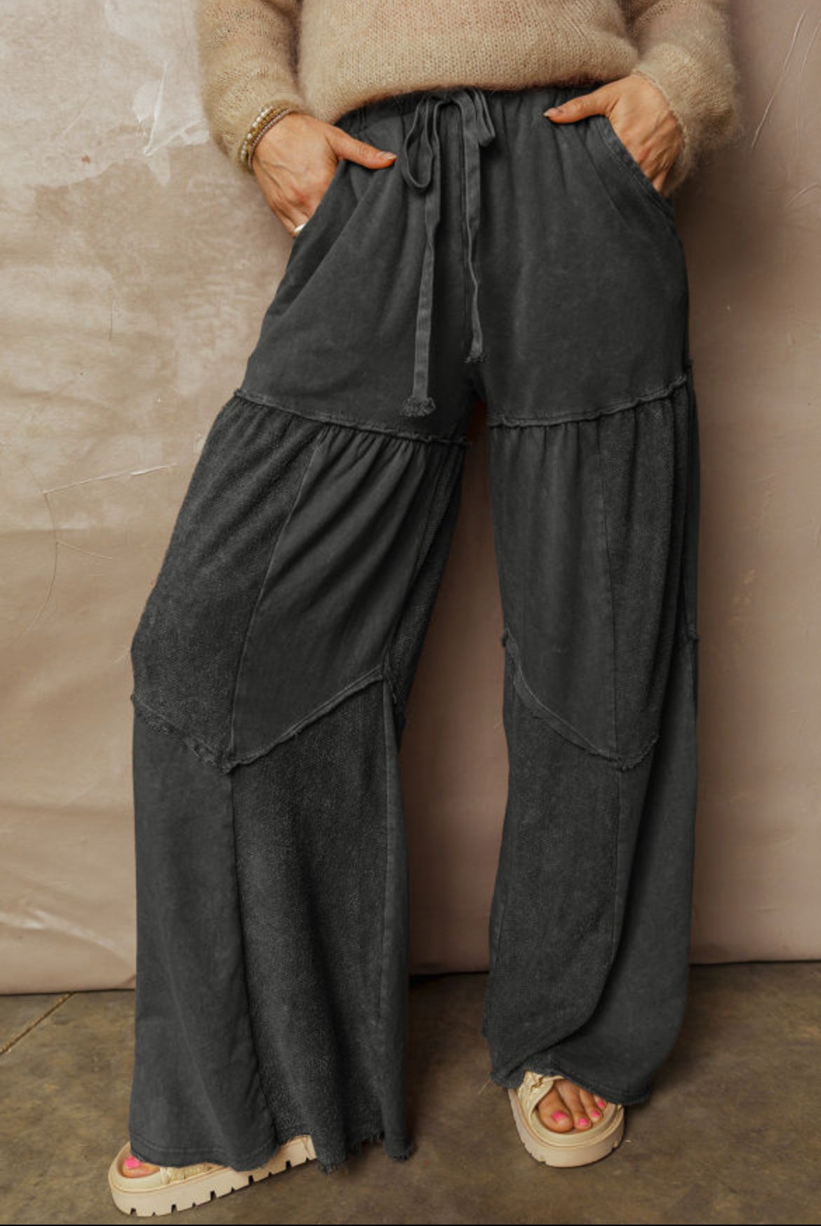 Black Mineral Wash Wide Leg Pants