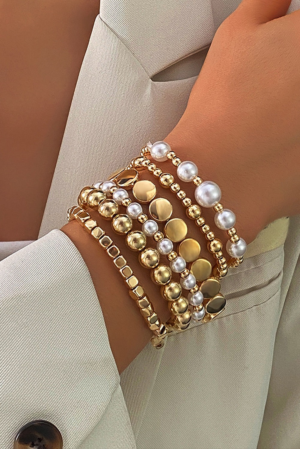 Gold Pearl Layered Beaded Bracelets 