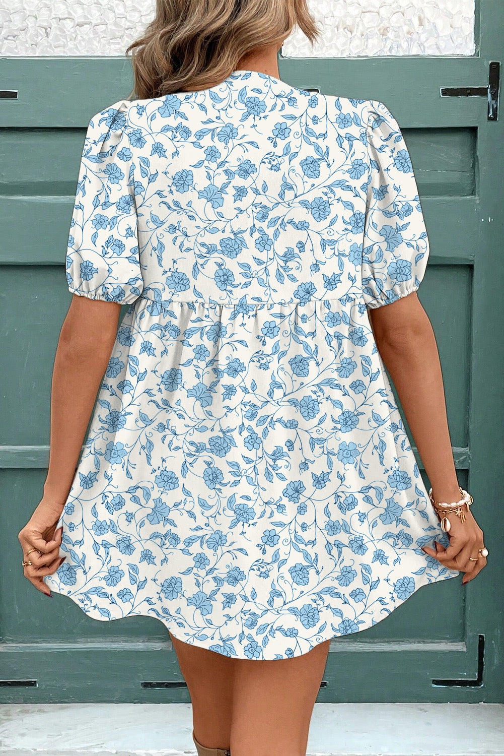 Blue Floral Puff Sleeve Dress