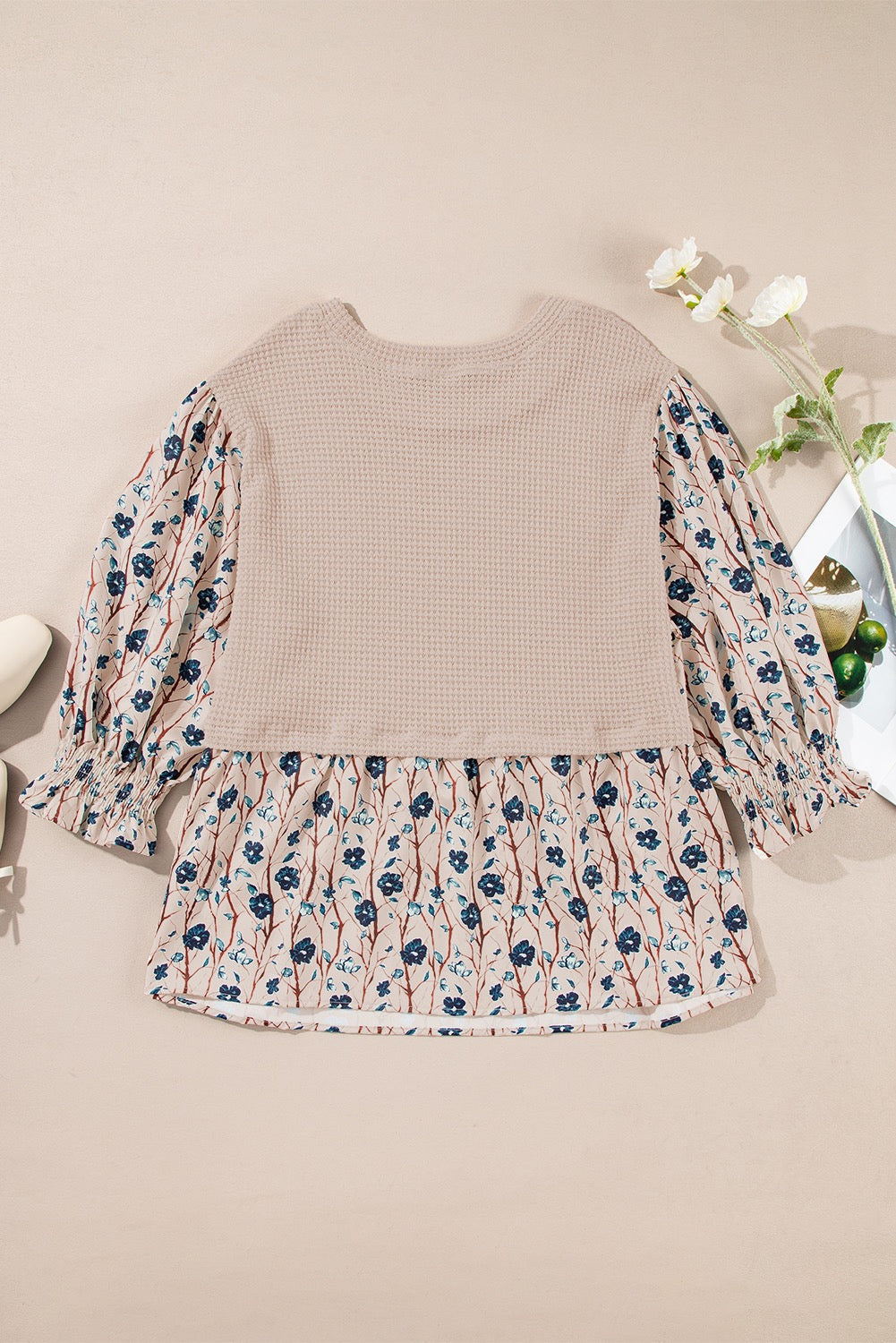 Plus Beige Knit Floral Patchwork Top
