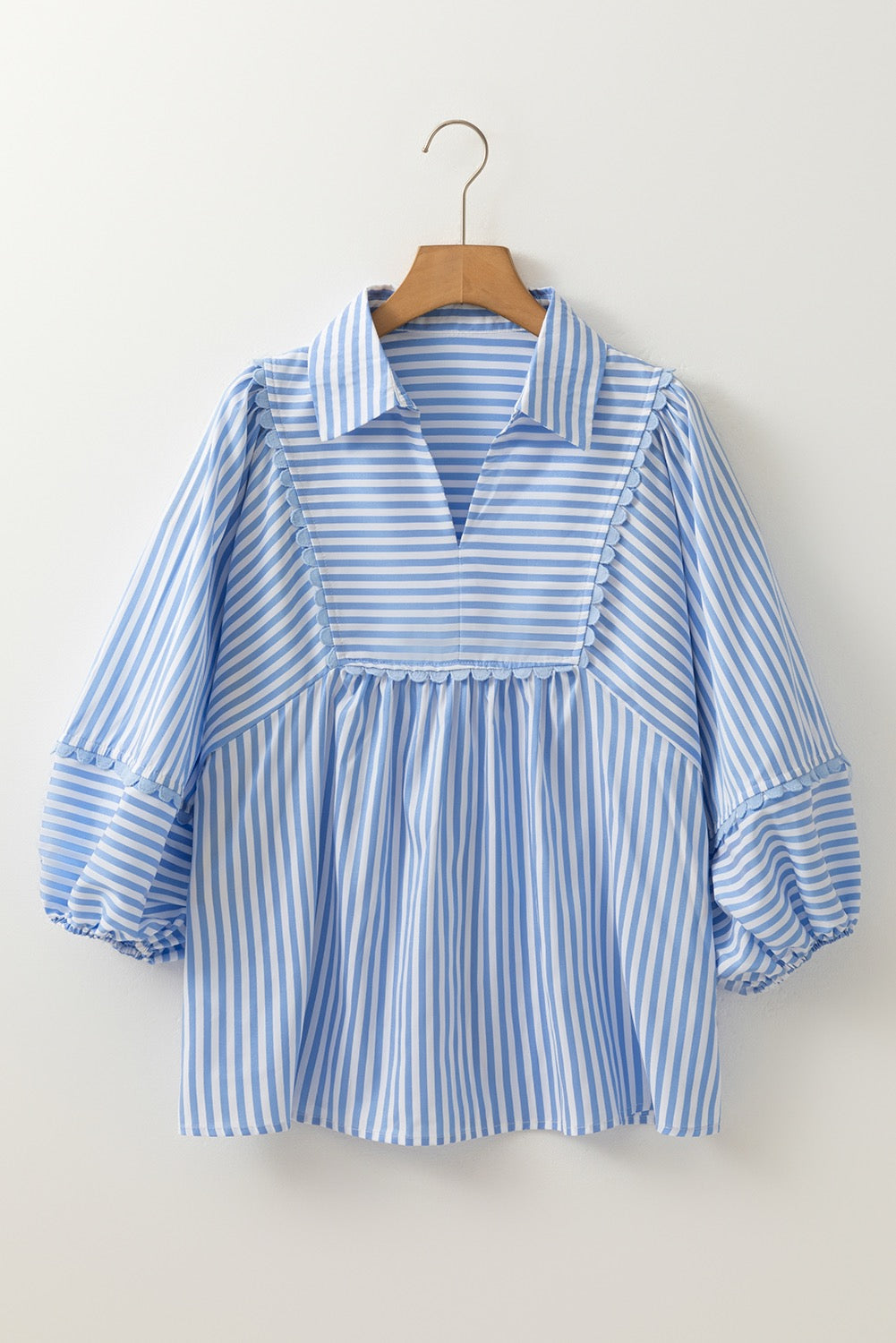 Blue Stripe Scalloped Collared Blouse