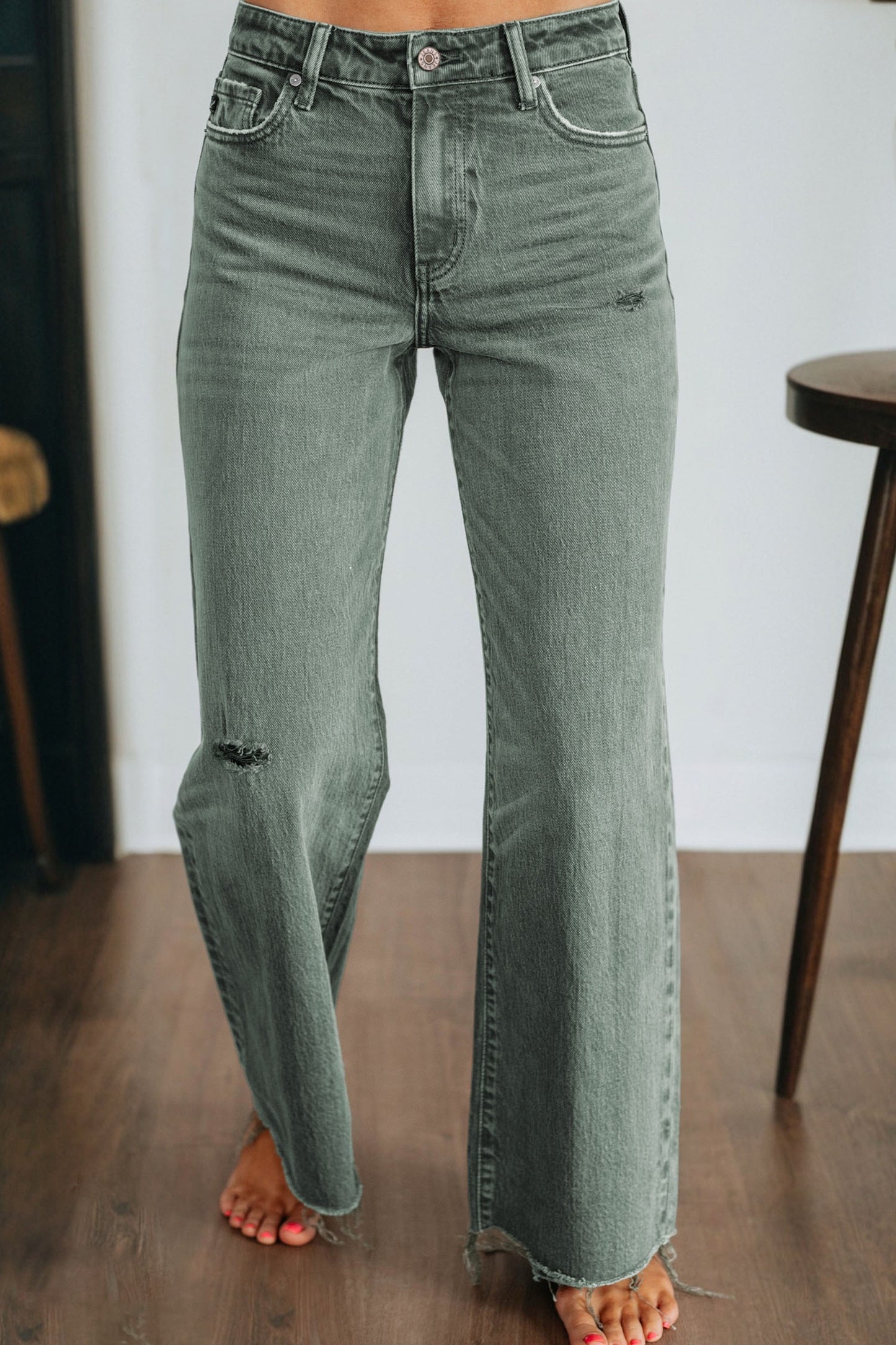 Green Distressed Raw Hem Jeans