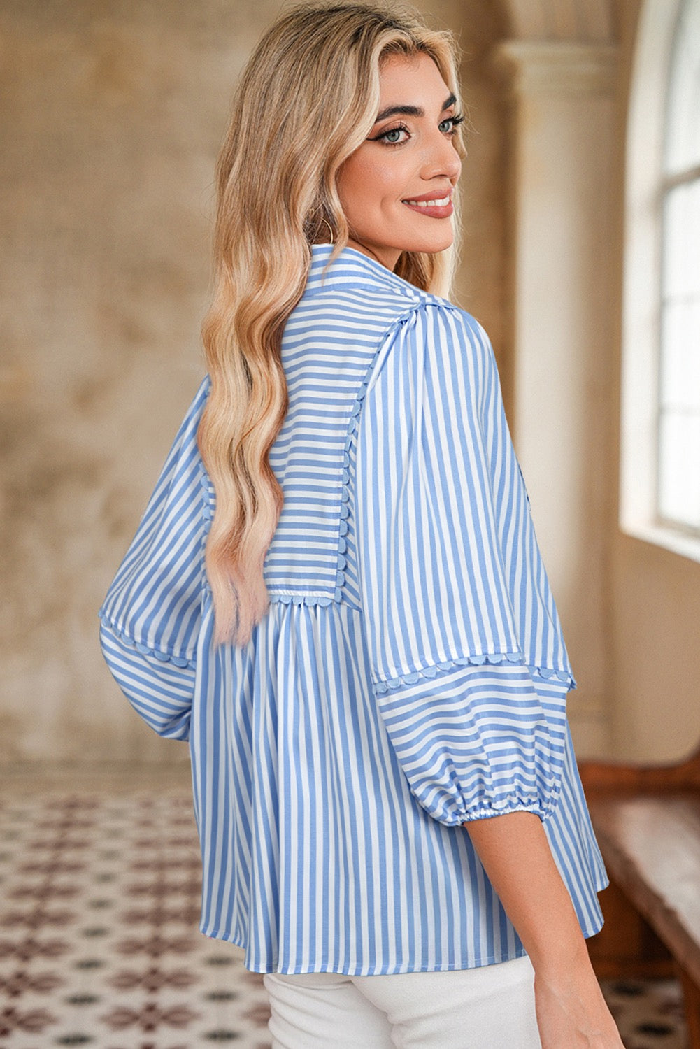 Blue Stripe Scalloped Collared Blouse