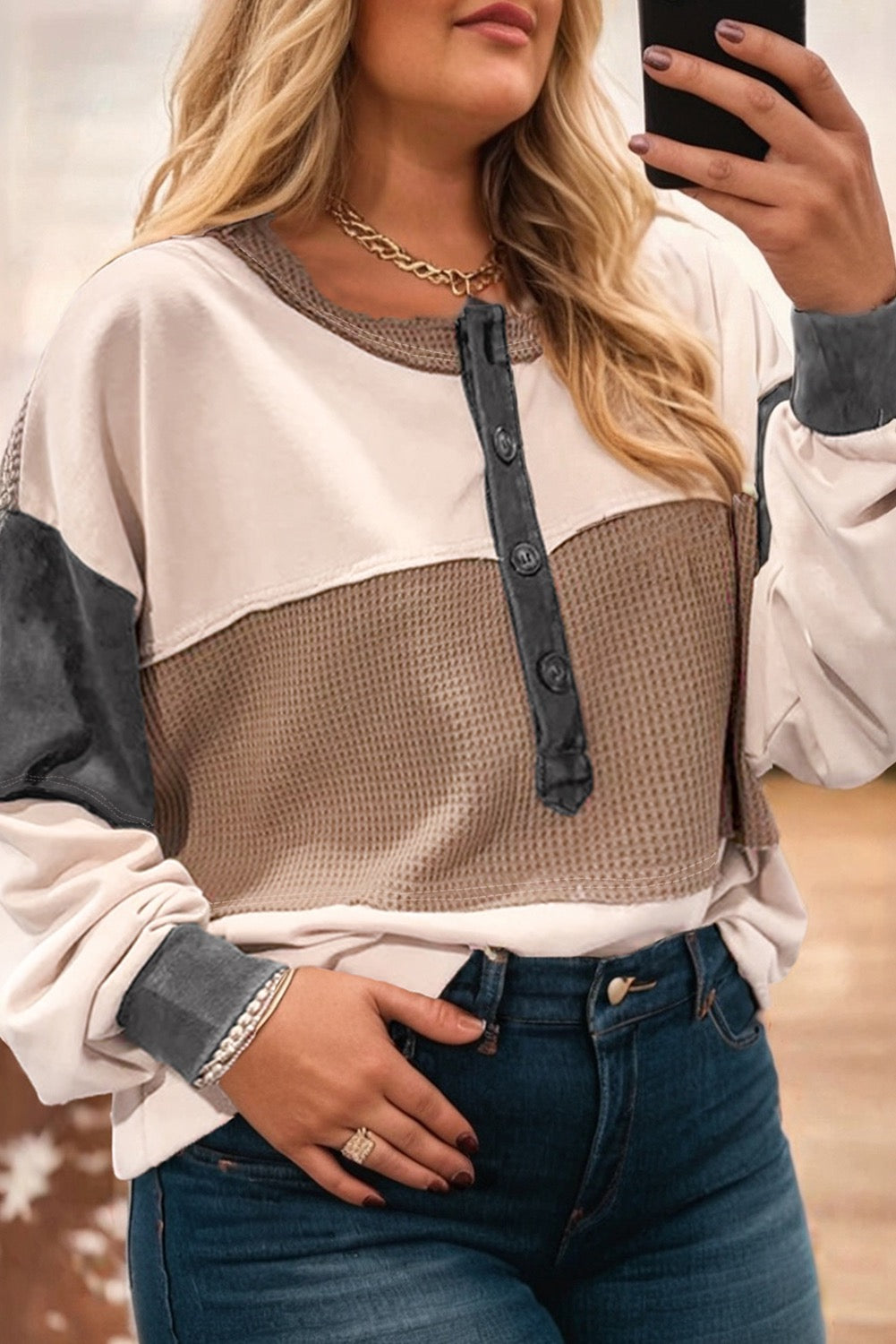 Neutral Color Black Waffle Long sleeve Top
