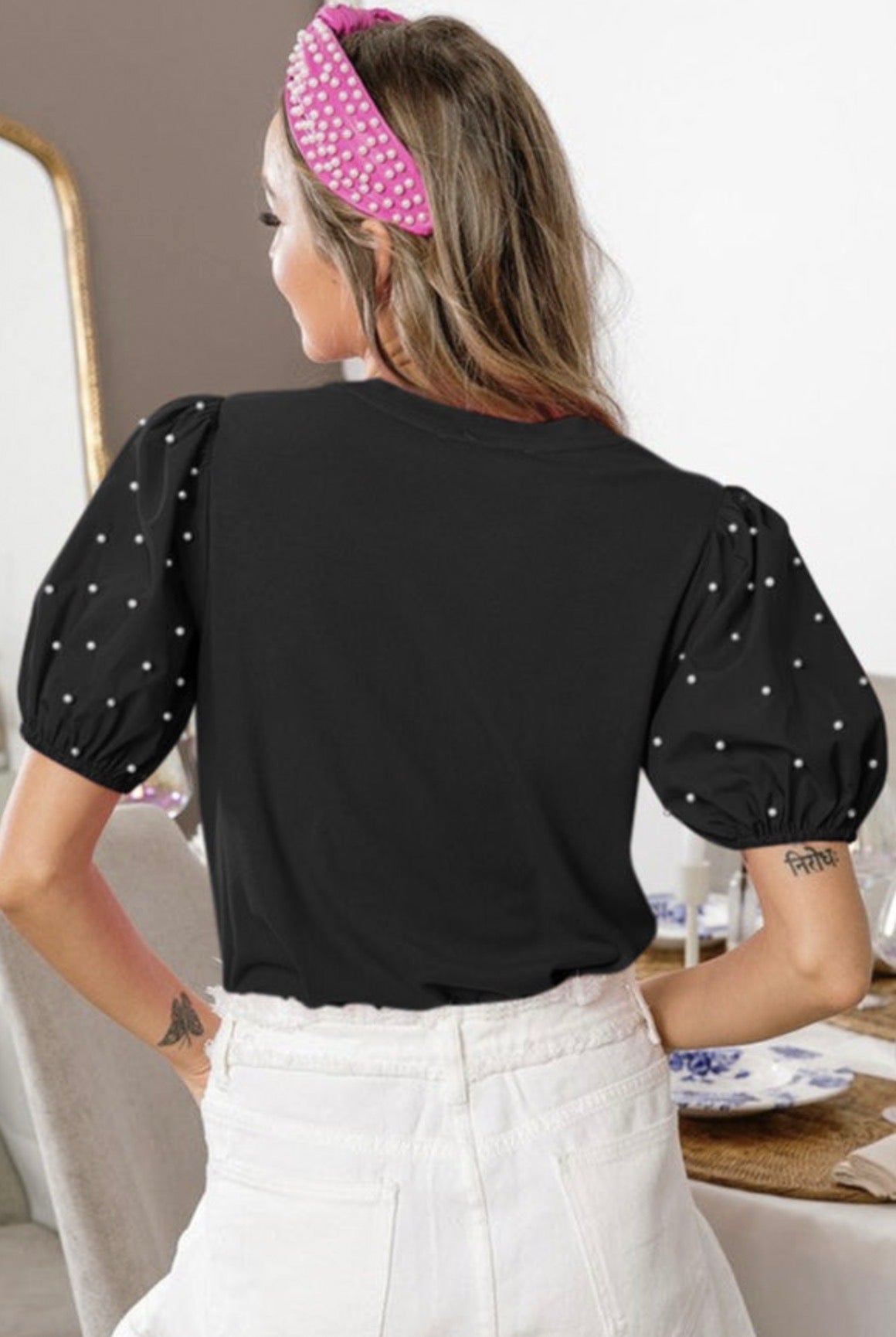 Black Pearl Beaded Puff Sleeve Top