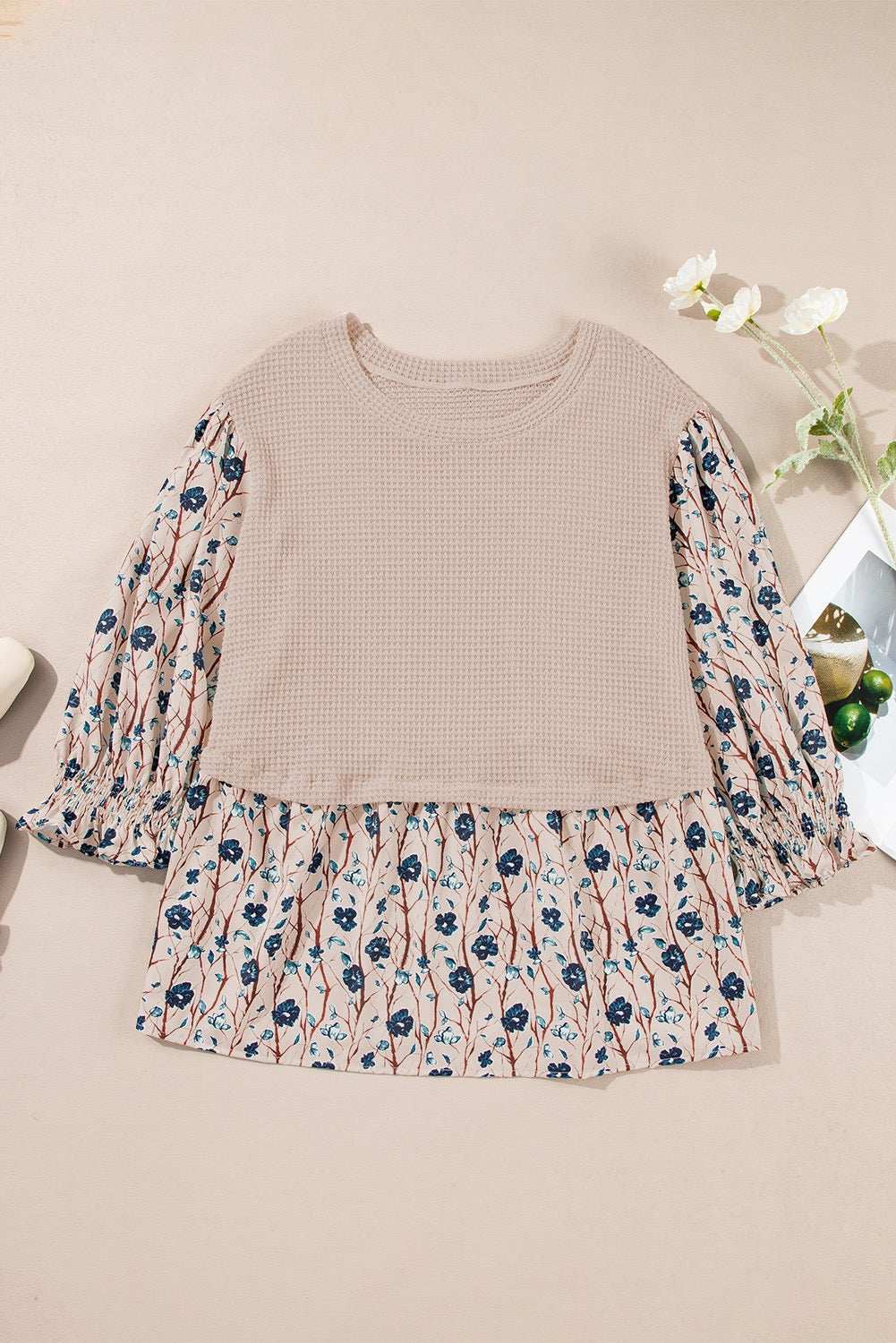 Plus Beige Knit Floral Patchwork Top