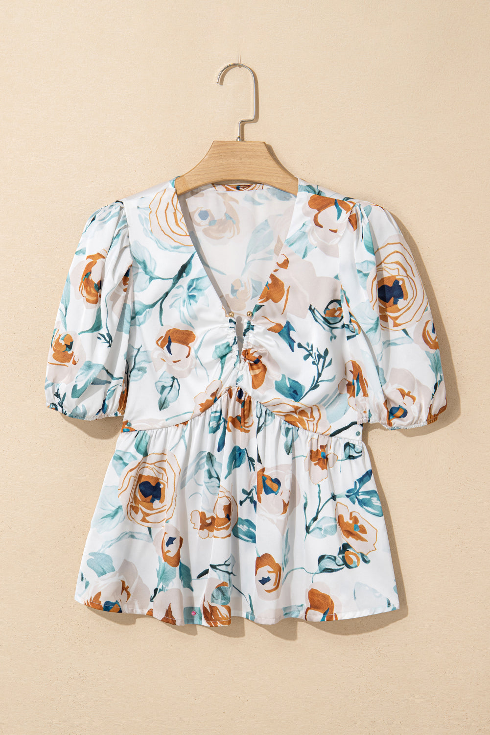 Green Floral Puff Sleeve Top