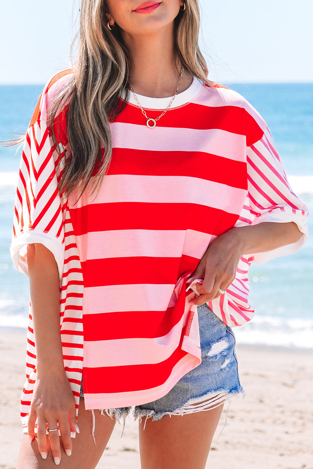 Pink Stripe Patchwork Round Neck Top