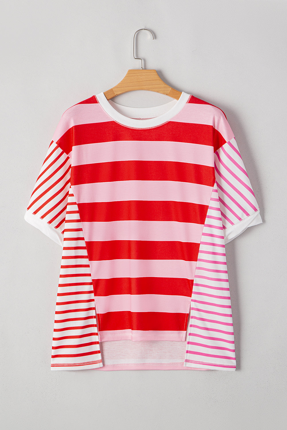 Pink Stripe Patchwork Round Neck Top
