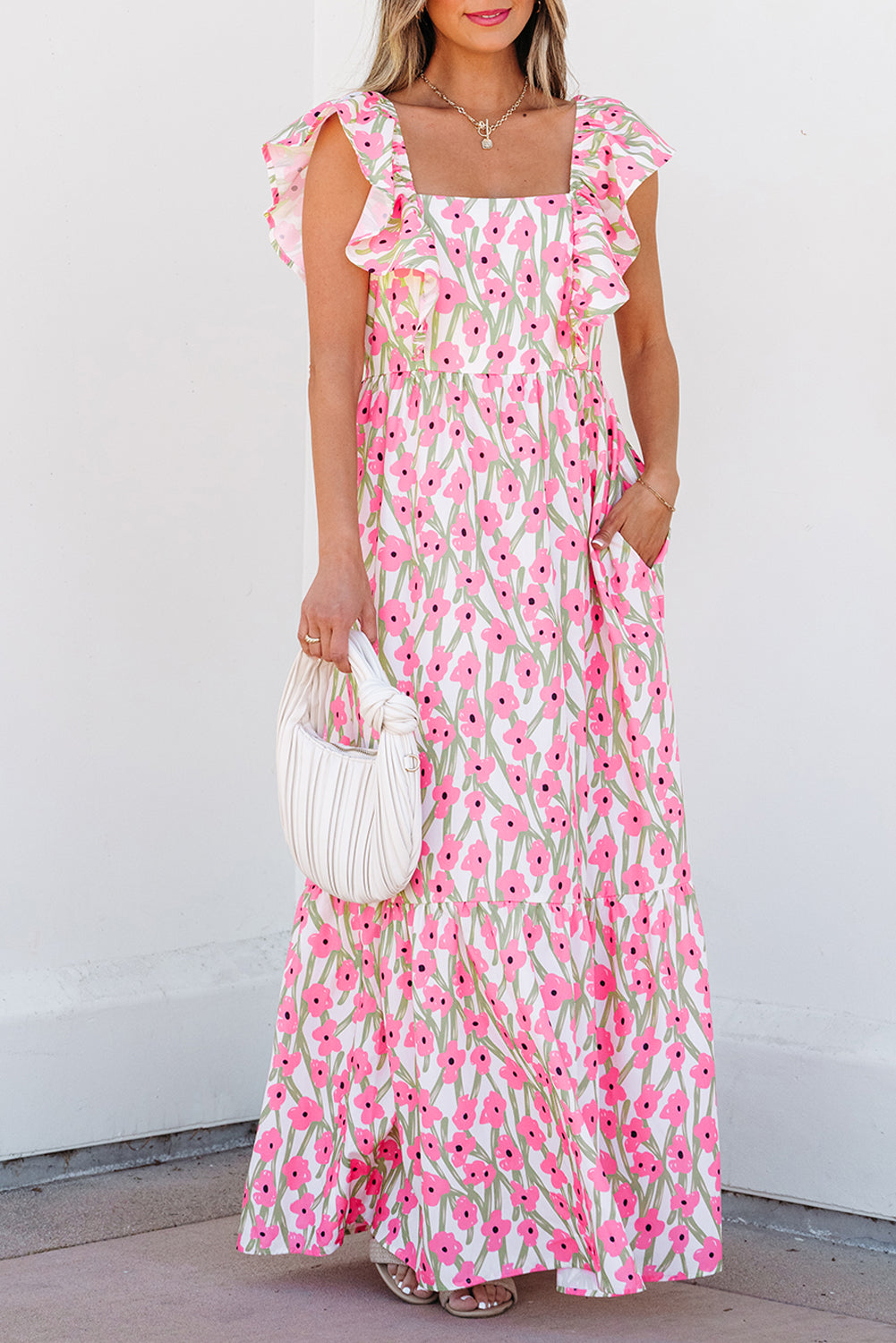 Pink Floral Ruffle Maxi Dress