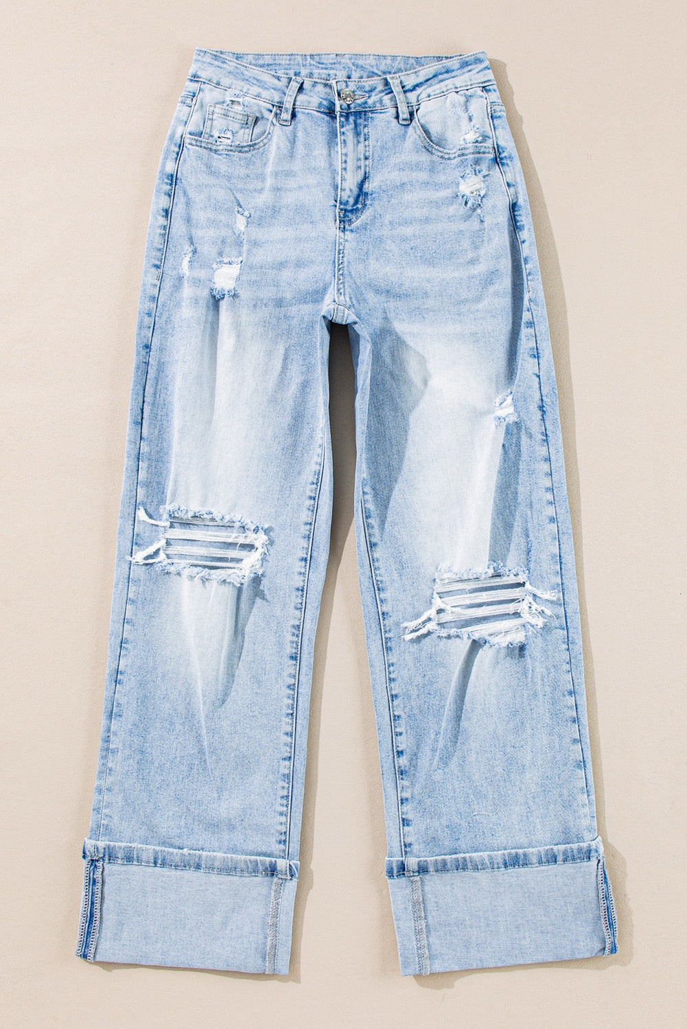 Light Wash Distressed Straight Jeans