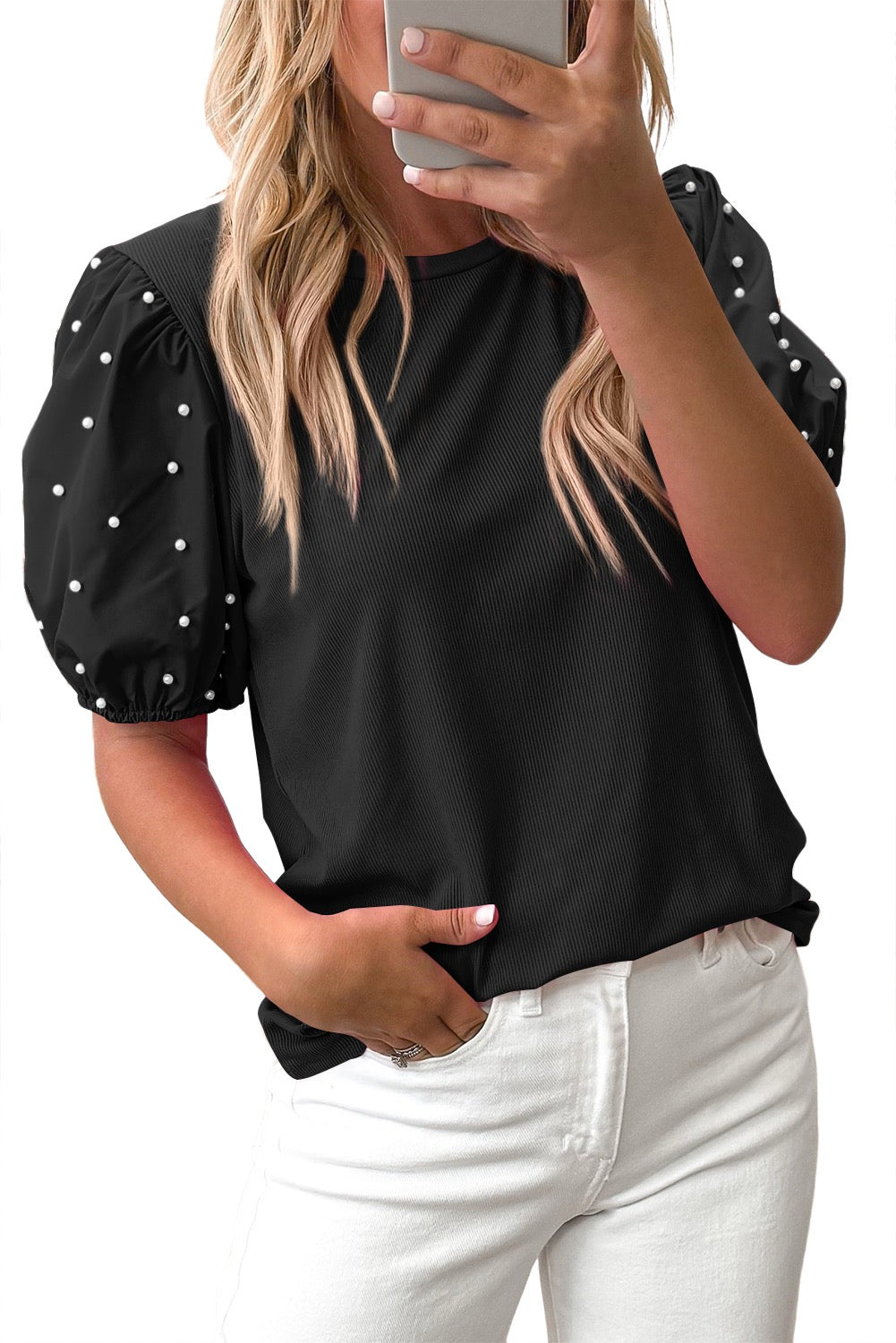 Black Pearl Beaded Puff Sleeve Top