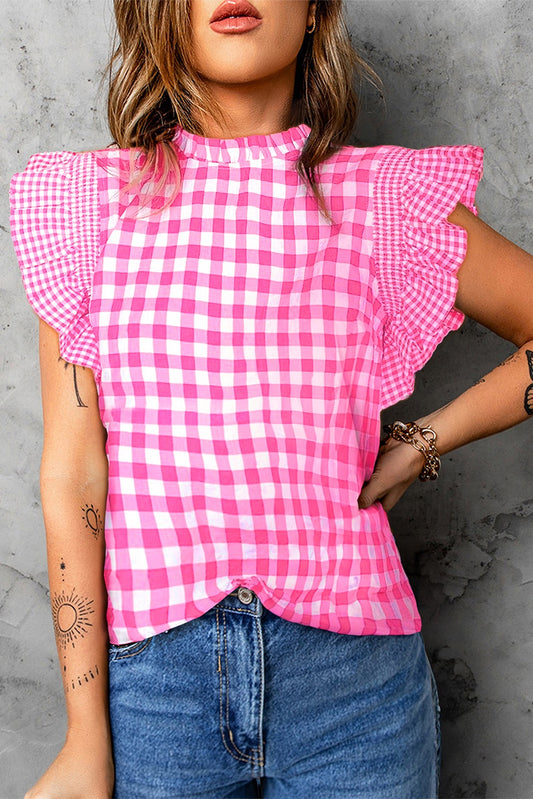 Pink Checkered Ruffled Sleeve Top