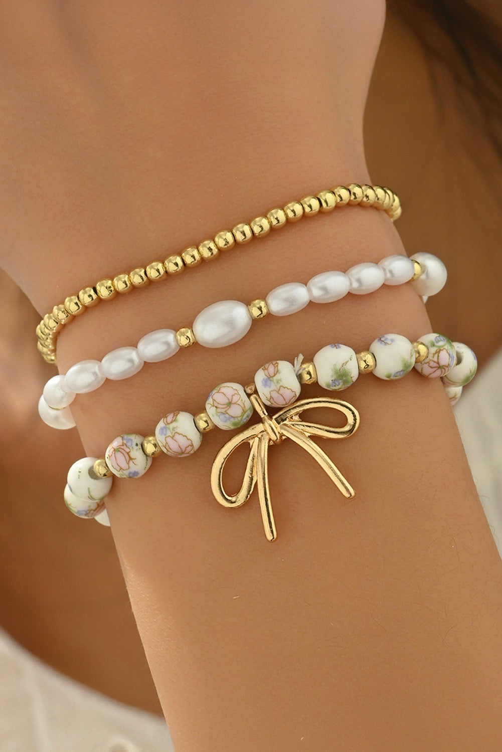 Gold Bow Charm- Floral Triple Stack