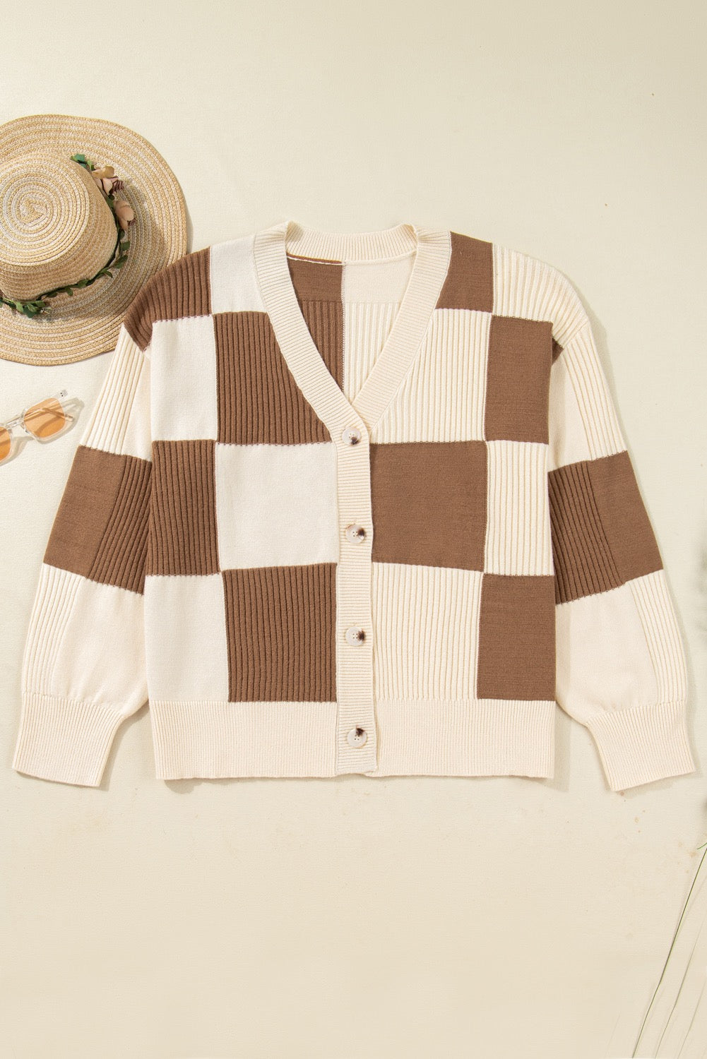 PLUS Khaki Checkered Button Up Sweater