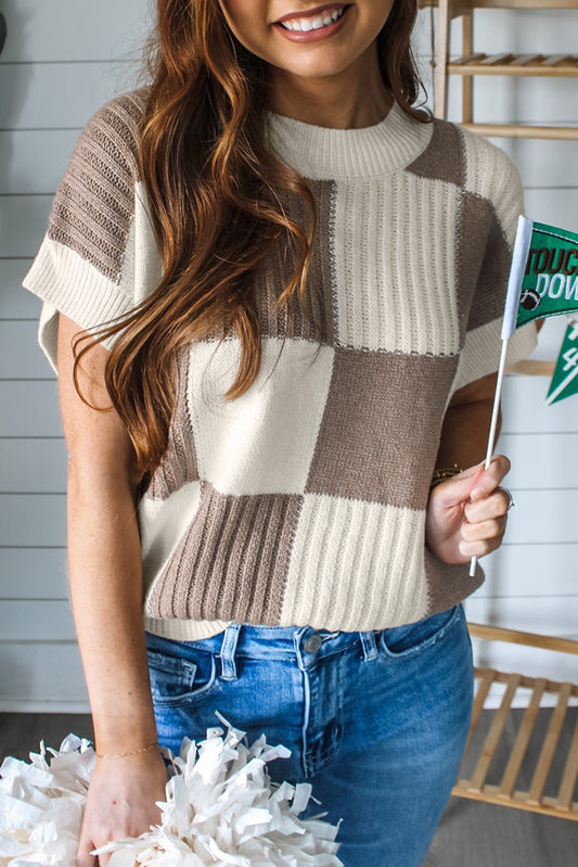 Khaki Color Block Short Sleeved Sweater