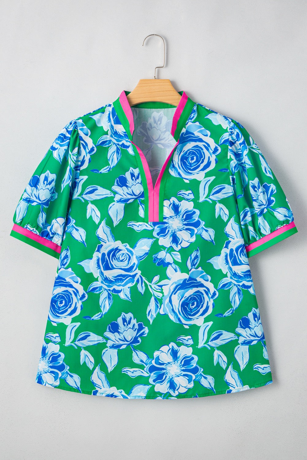 Plus Green Floral Top Pink Collar