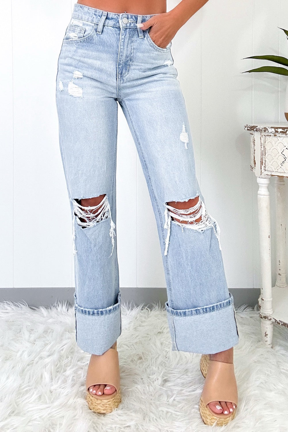 Light Wash Distressed Straight Jeans