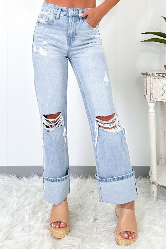 Light Wash Distressed Straight Jeans