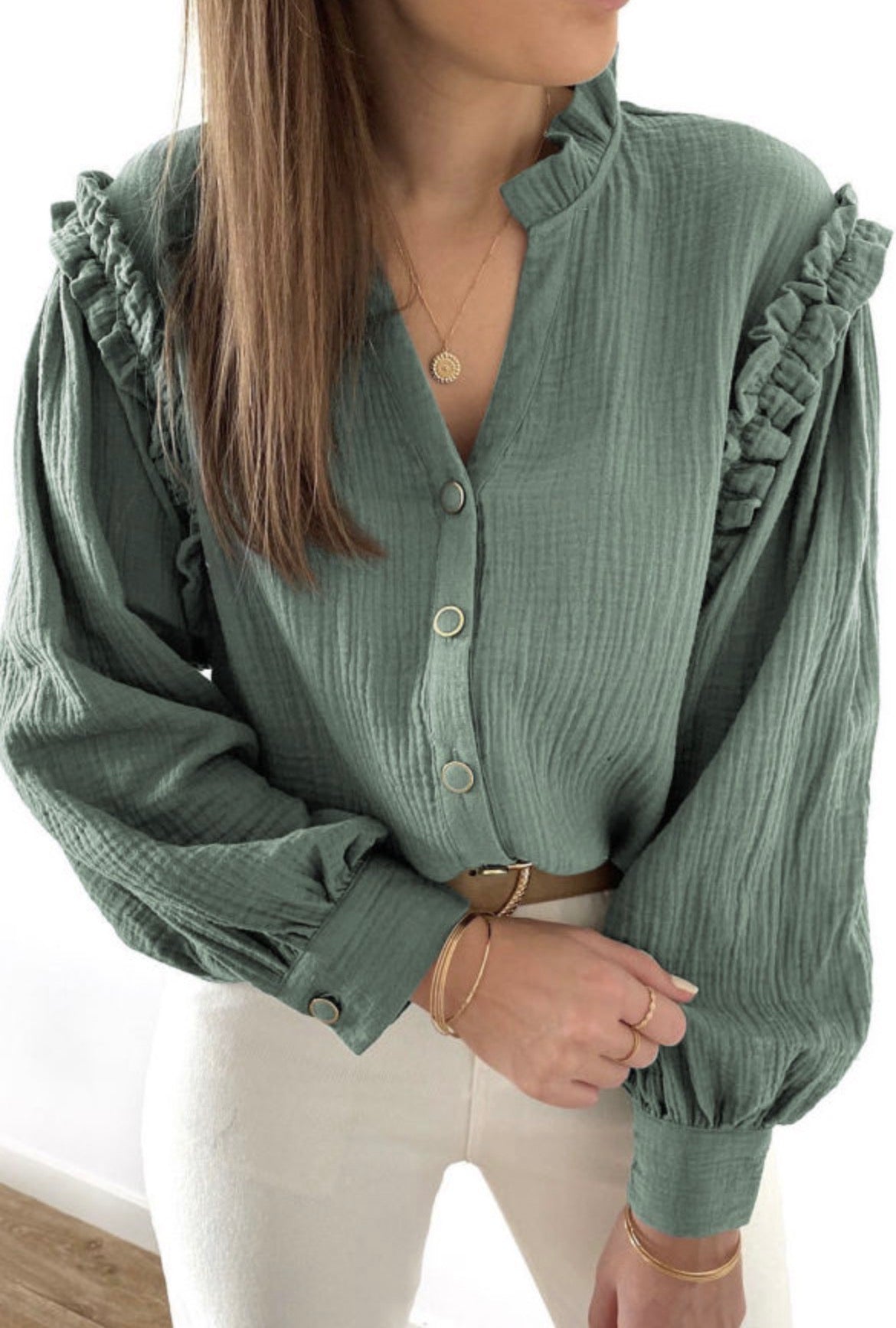 Green Crinkled Long Sleeve Top