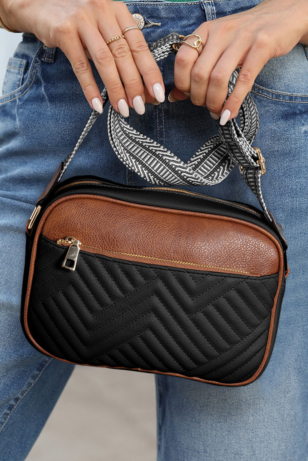 Black Faux Leather Quilted Cross Body