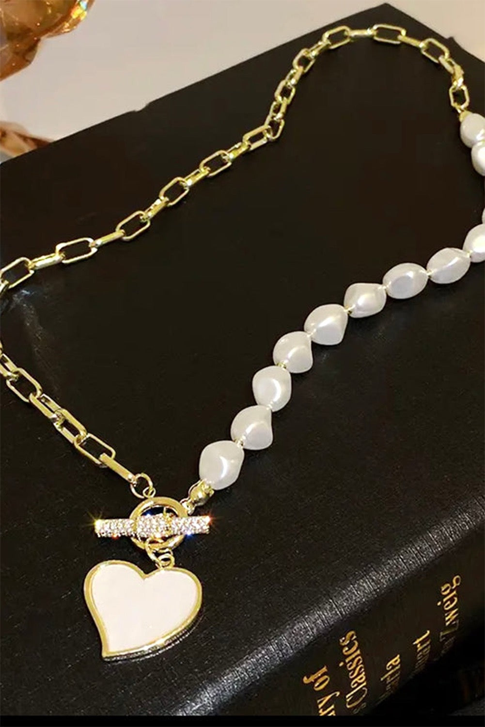 Gold Bow Rhinestone Pearl Chain Necklace