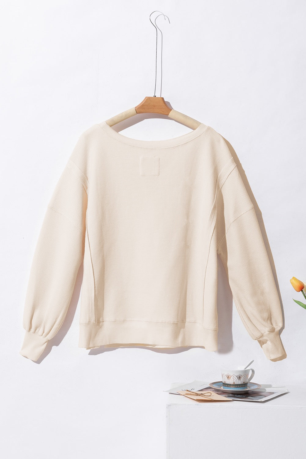 White Waffle Knit Long Sleeve Top