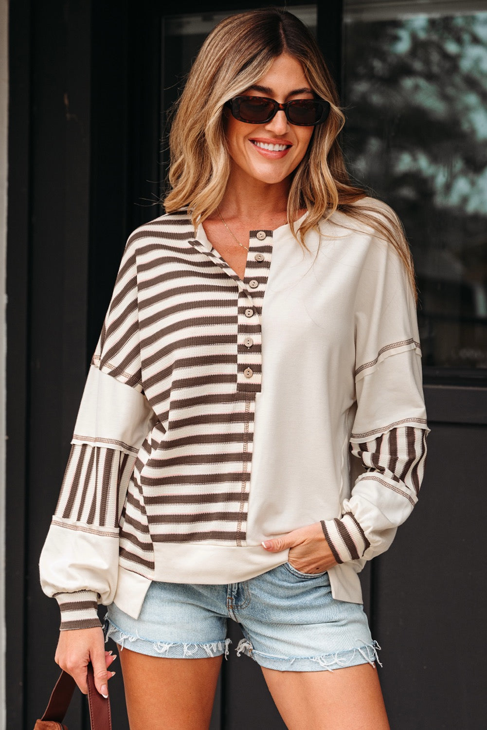 Brown Stripe Patchwork Oversized Pullover