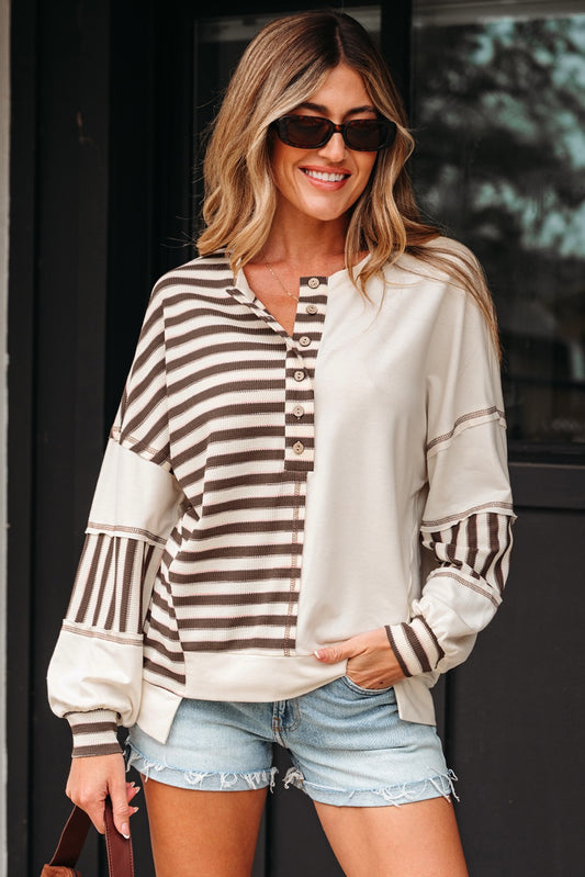 Brown Stripe Patchwork Oversized Pullover