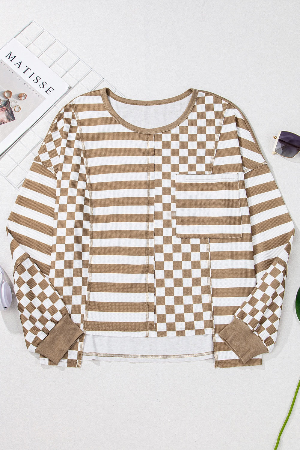 Khaki Checkerboard Striped Top