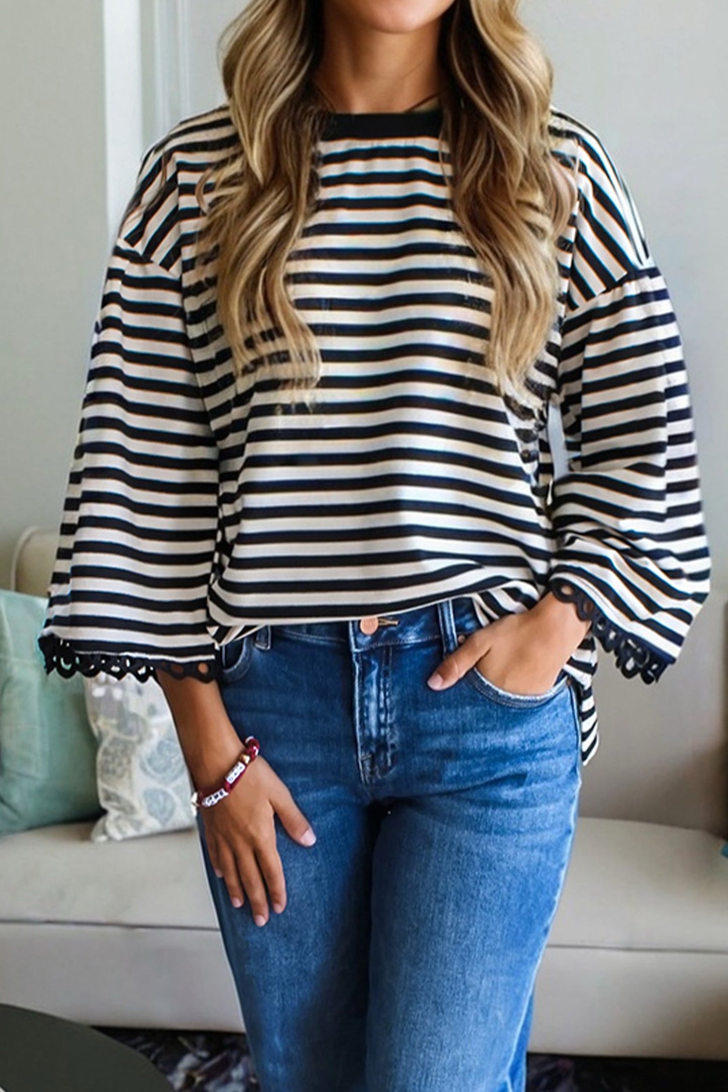 Black Striped Quarter Sleeve Top