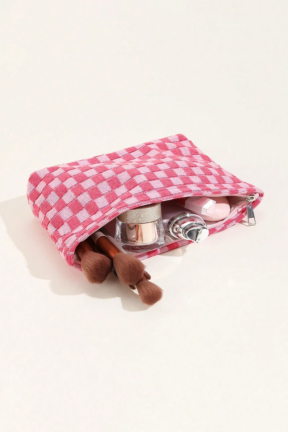 Pink Checkered Cosmetic Bag ￼