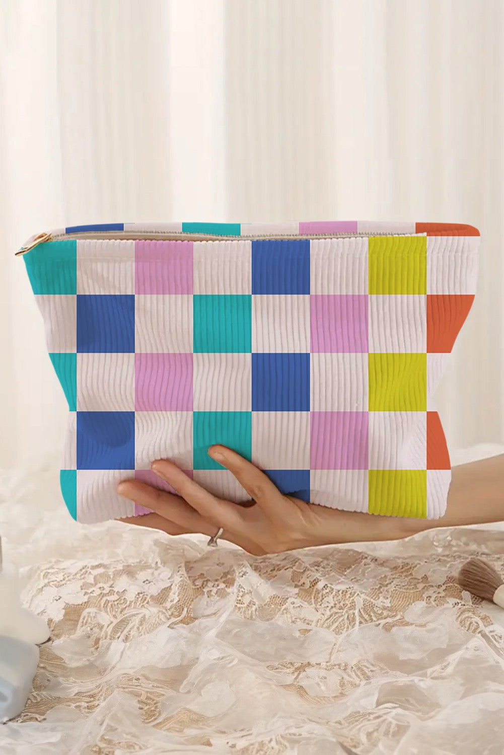 Multi Color Checkered Cosmetic Bag