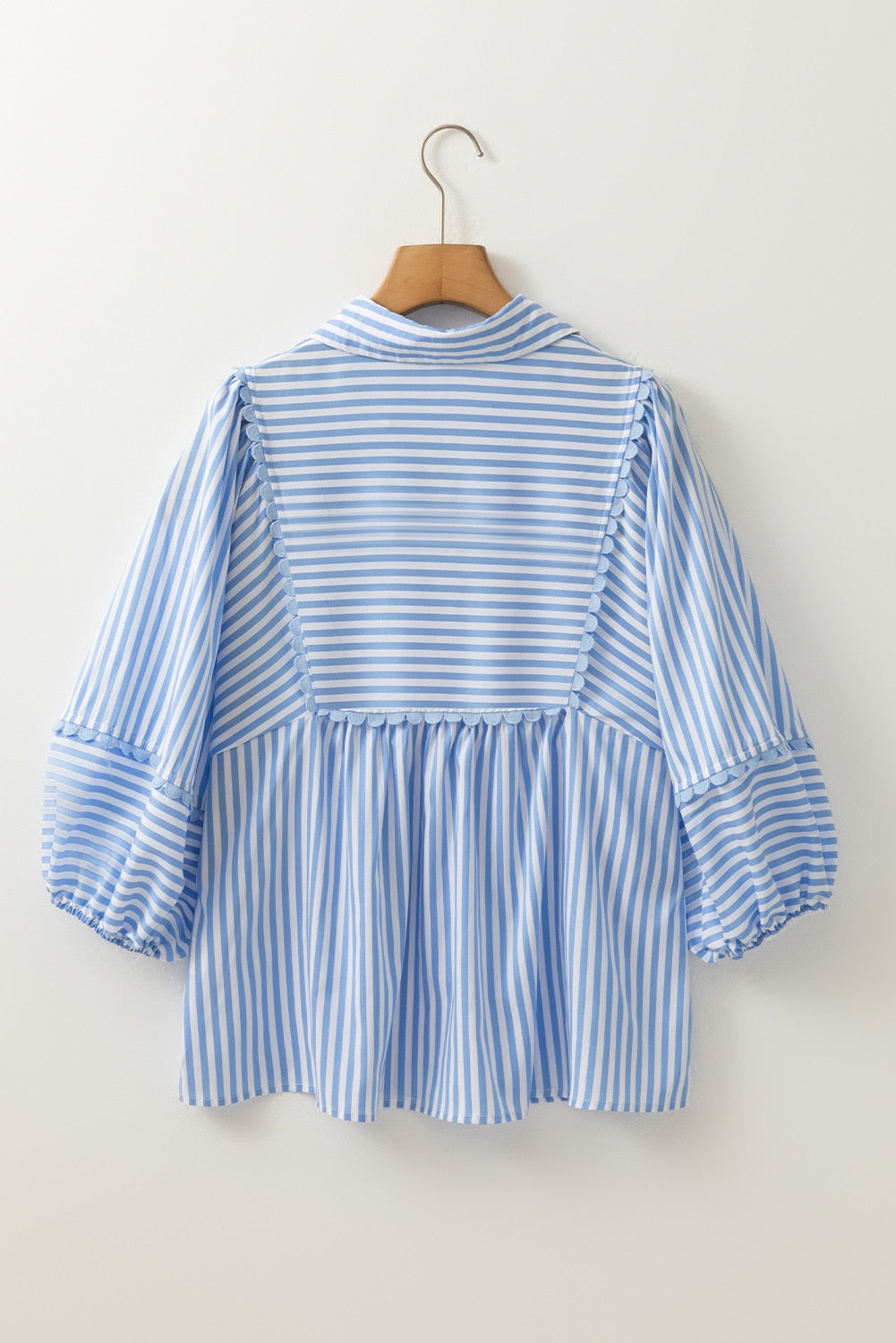 Blue Stripe Scalloped Collared Blouse