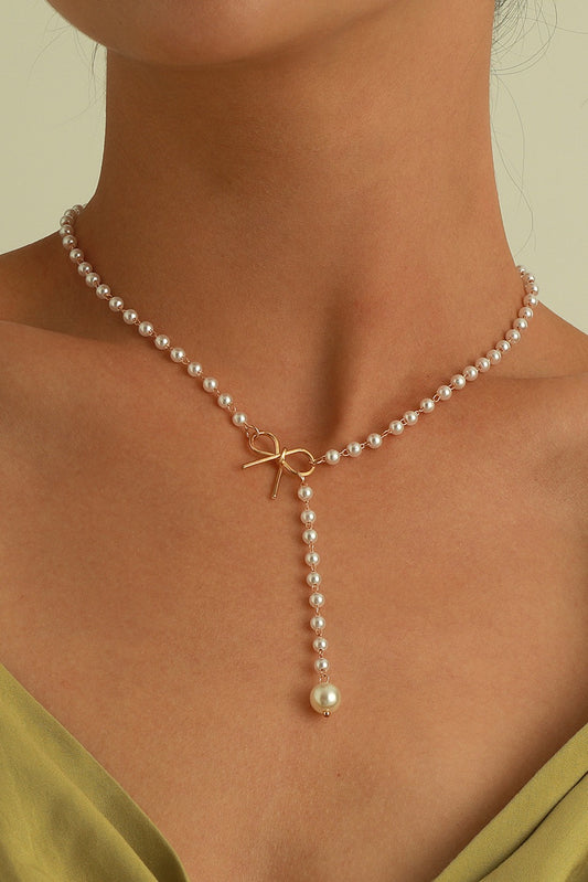 Gold Bow Pearl Chain Necklace