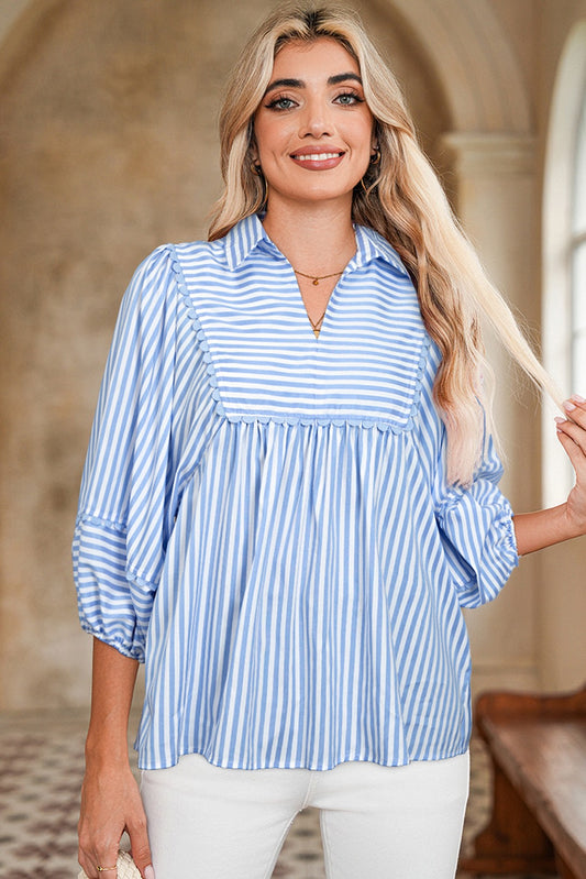 Blue Stripe Scalloped Collared Blouse