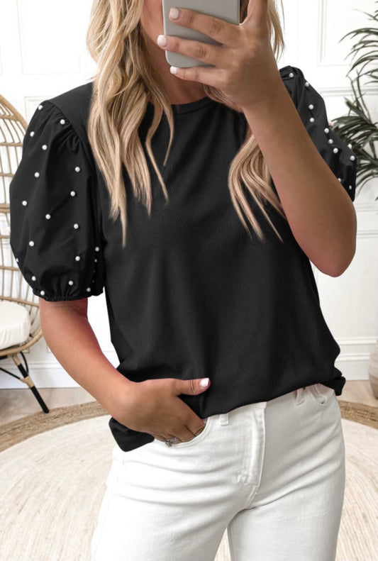Black Pearl Beaded Puff Sleeve Top