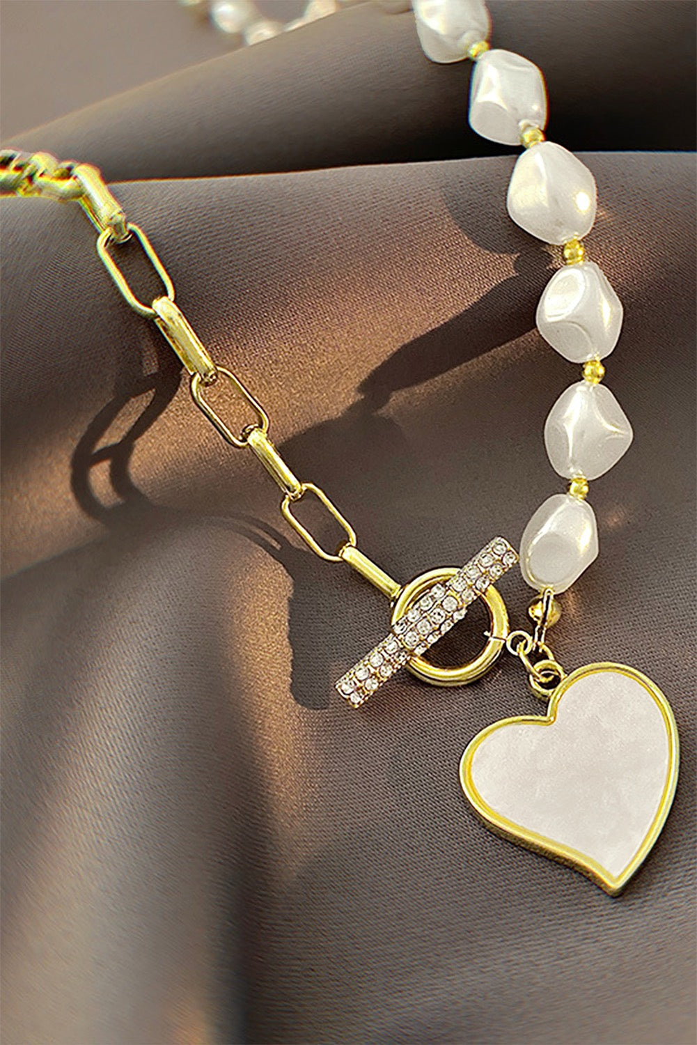 Gold Bow Rhinestone Pearl Chain Necklace