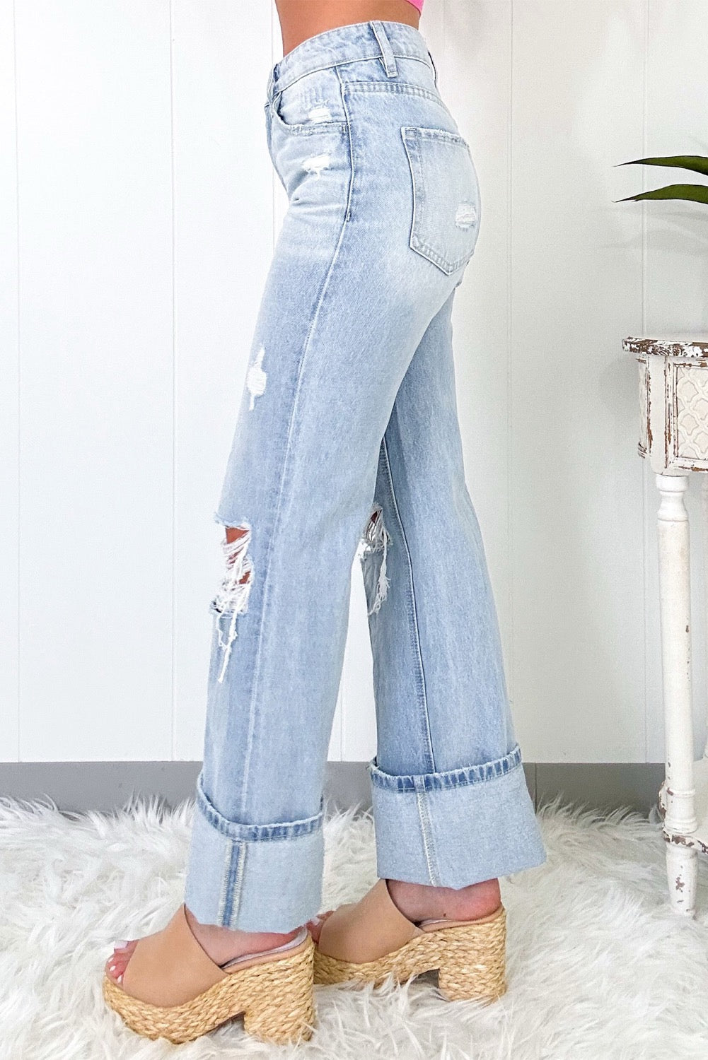 Light Wash Distressed Straight Jeans