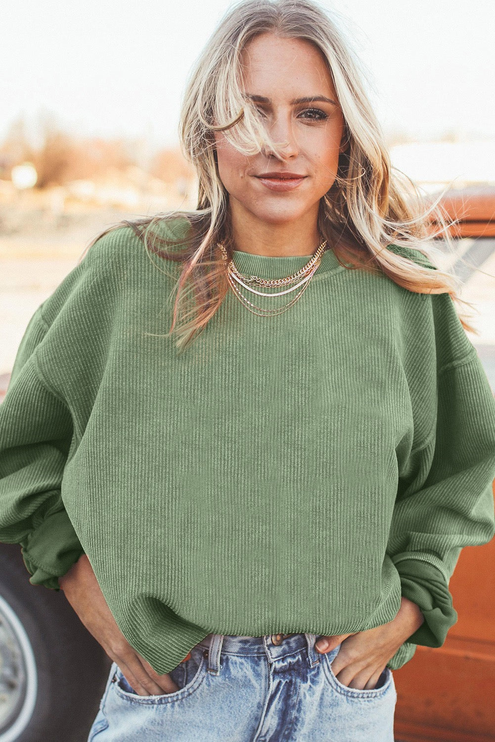 Moss Green Ribbed Corduroy Pullover