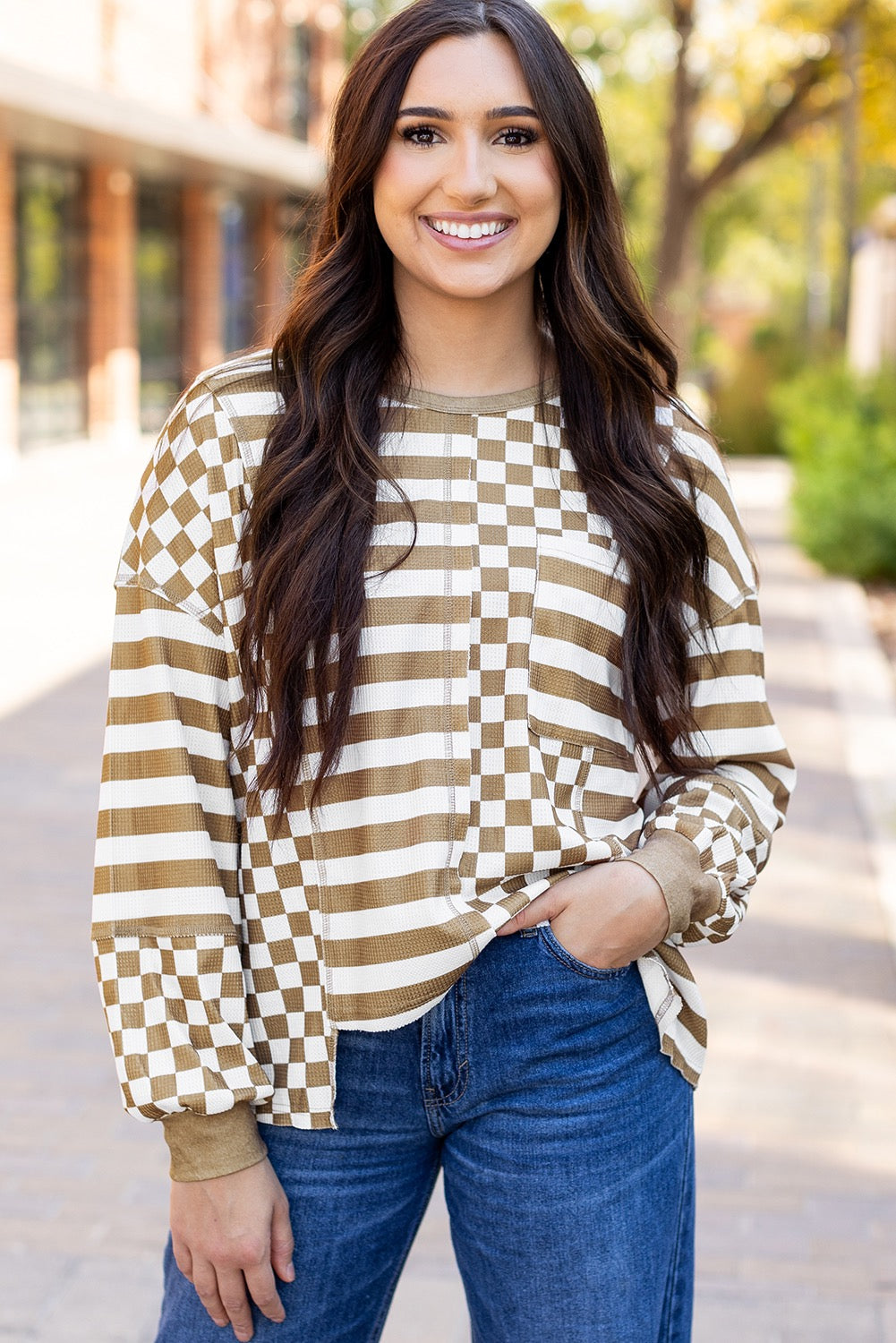 Khaki Checkerboard Striped Top