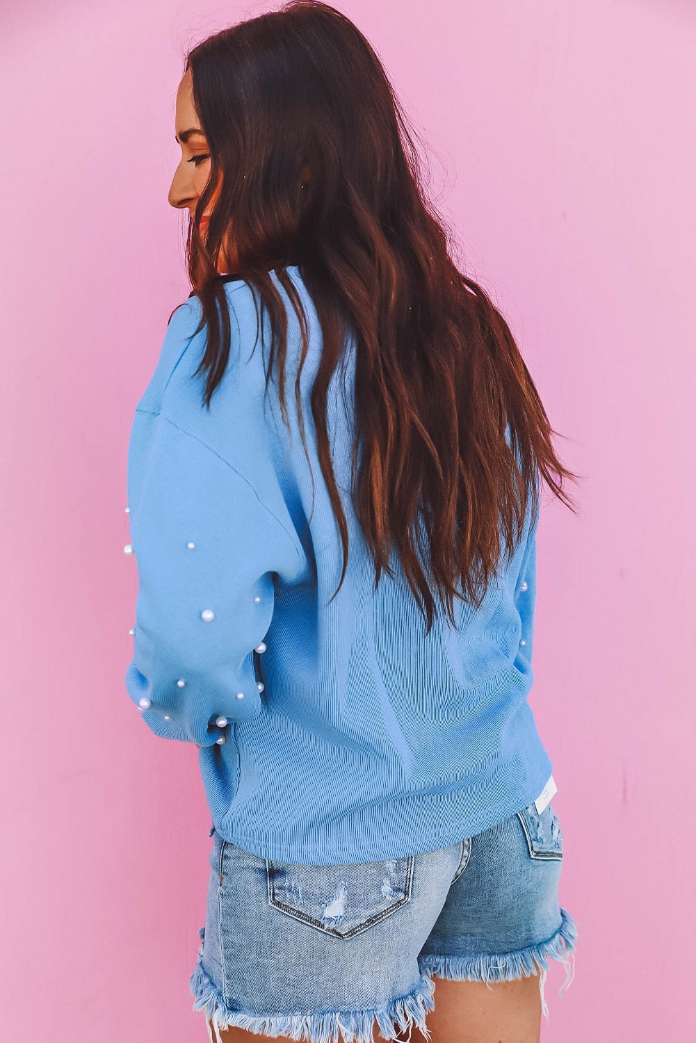 Light Blue Pearled Long Sleeve Sweater