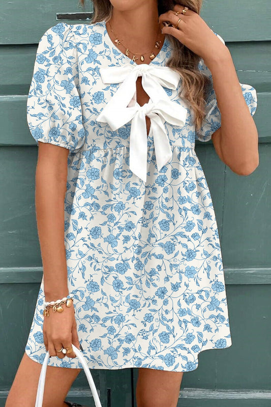 Blue Floral Puff Sleeve Dress