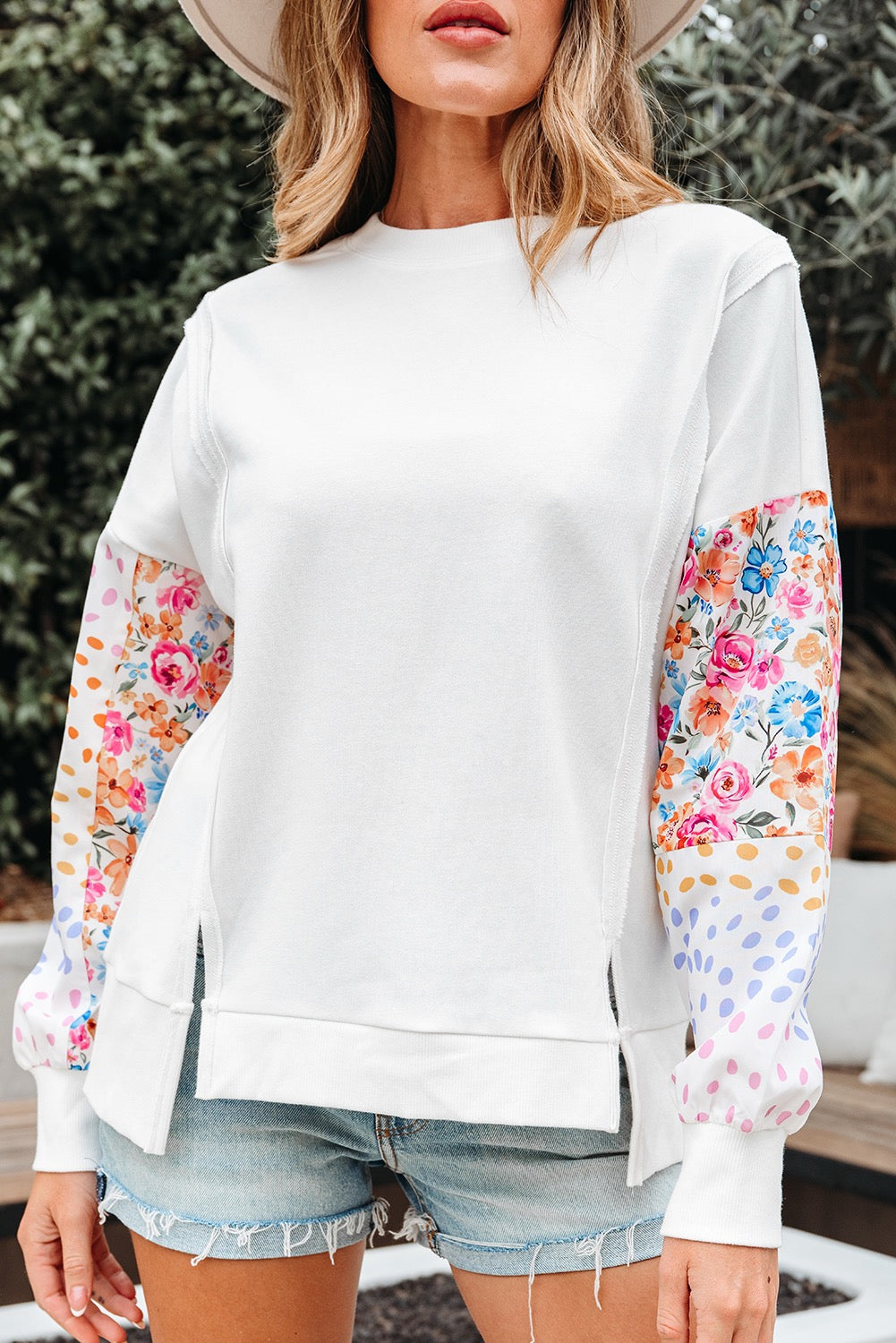 White Floral Dotted Mixed Sweatshirt