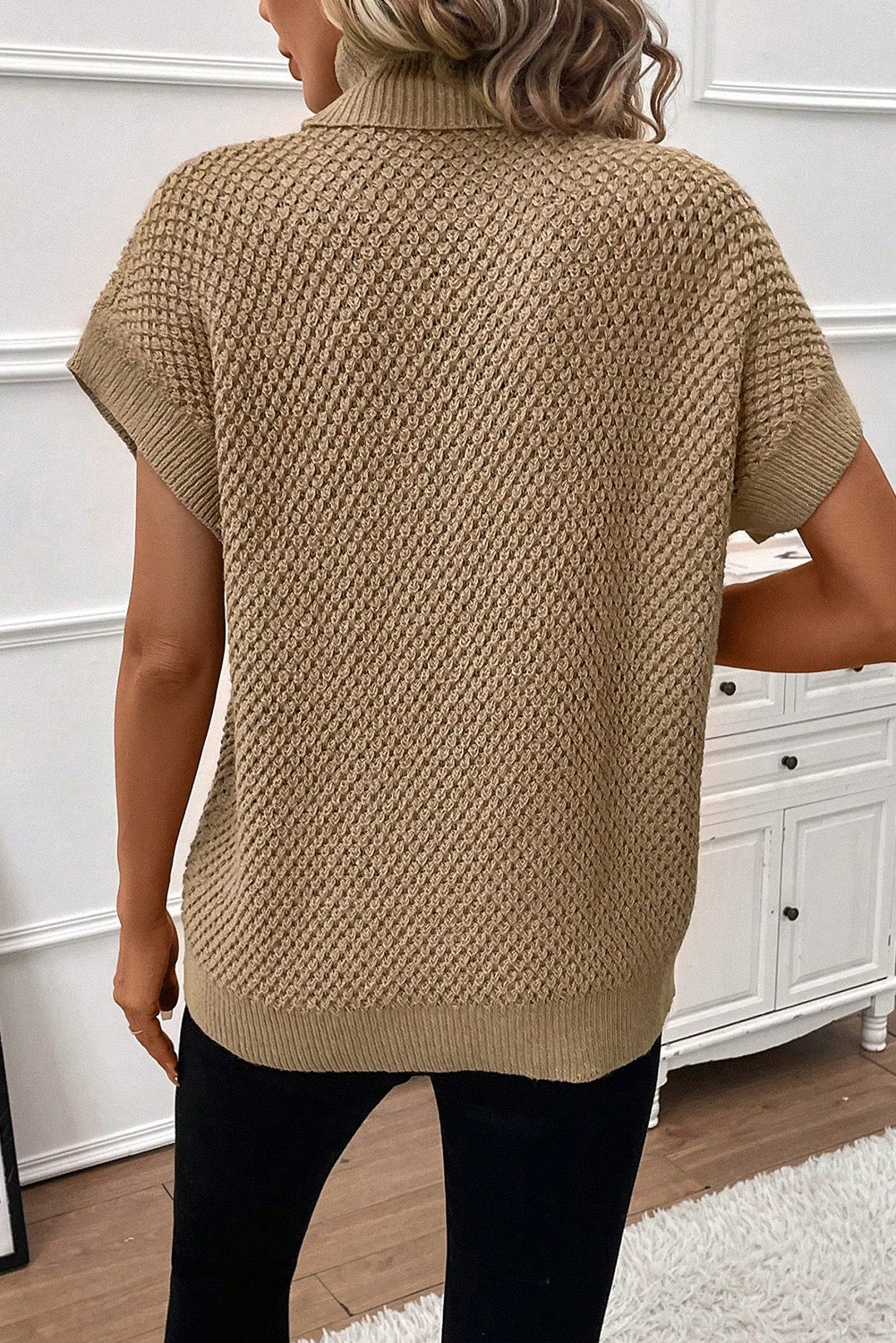 Khaki Turtleneck Short Sleeve Sweater