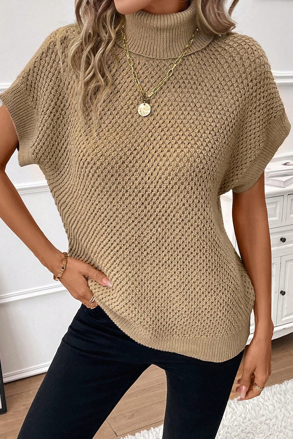Khaki Turtleneck Short Sleeve Sweater
