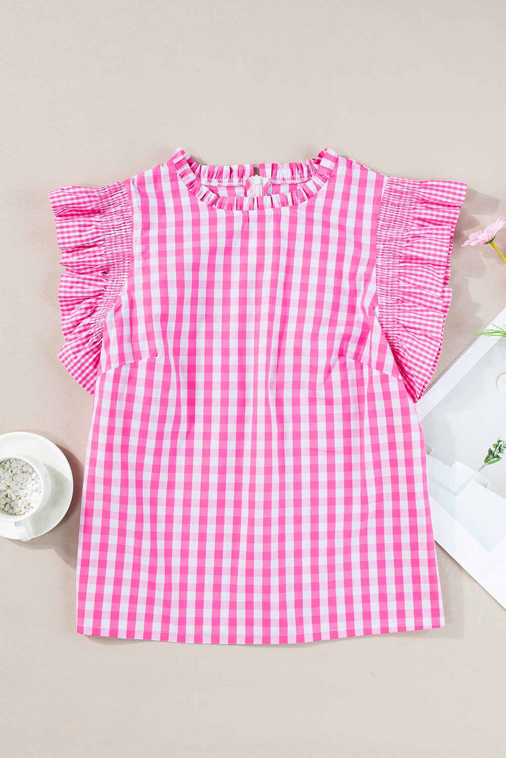Pink Checkered Ruffled Sleeve Top
