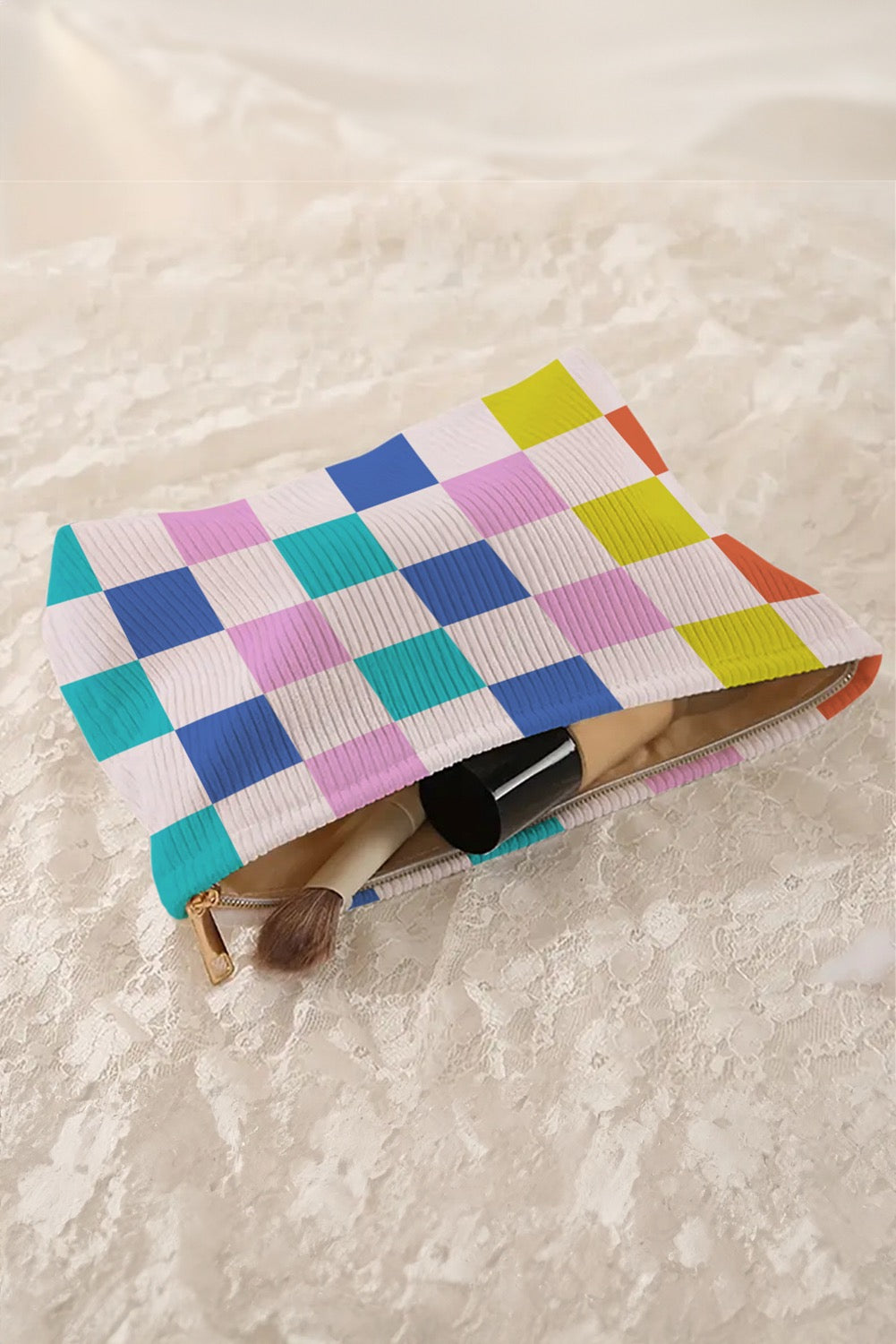 Multi Color Checkered Cosmetic Bag